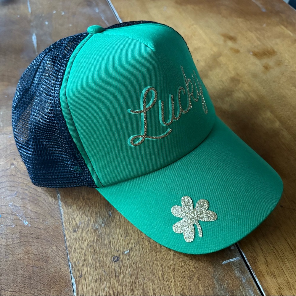 St. Patty's Day Green and Black Trucker Hat with Gold Accents